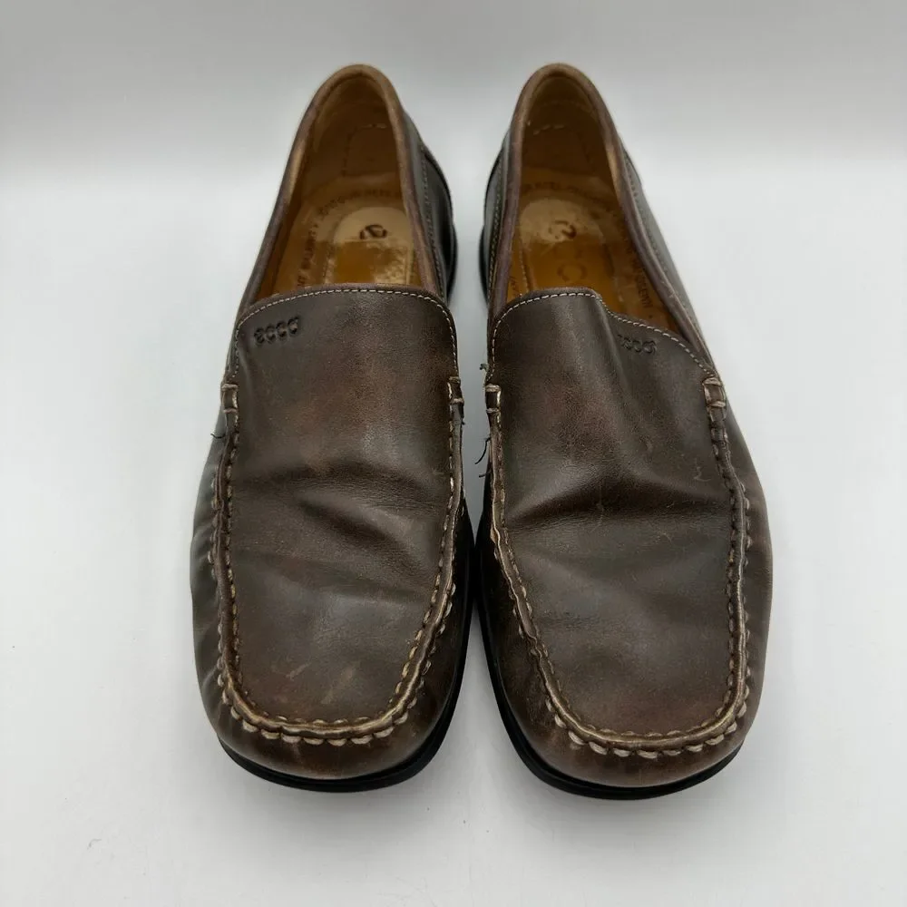 ECCO Brown Leather Comfort Driving Loafers Slip On Casual Shoes Size 41 US 7/7.5